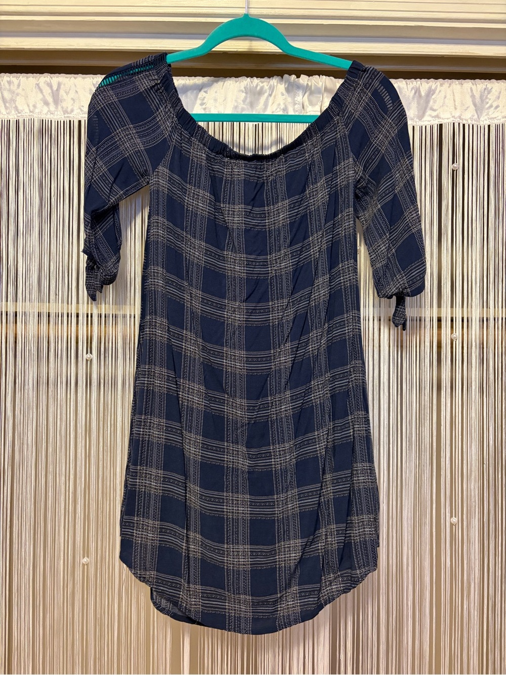 BB Dakota Navy Plaid Off-Shoulder Tunic Dress